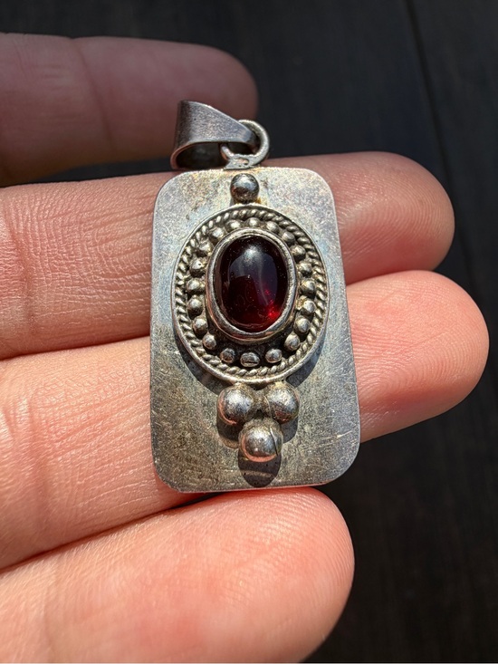 Source Unknown Jewelry - Vintage 925 Mexico Sterling Silver Garnet Pendant Boho Statement Necklace Charm